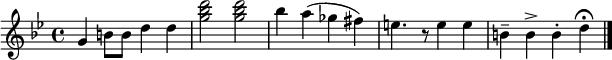 
  \transpose c g \relative c'{
  \key c \minor
  \time 4/4
    c4 e8 e g4 g          % (text after the % is just a comment)
    <c es g>2 <c es g>    % angle brackets create chords
    es4 d( ces b)         % parentheses create ties
    a4. r8 a4 a           % r creates rests
    e-- e-> e-. g\fermata % accents and other signs
    \bar "|."
  }
% This is just a comment line
