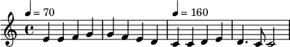  \relative c'  {  \tempo 4 = 70  e4 e f g g f e d   \tempo 4 = 160  c c d e d4. c8 c2 } 